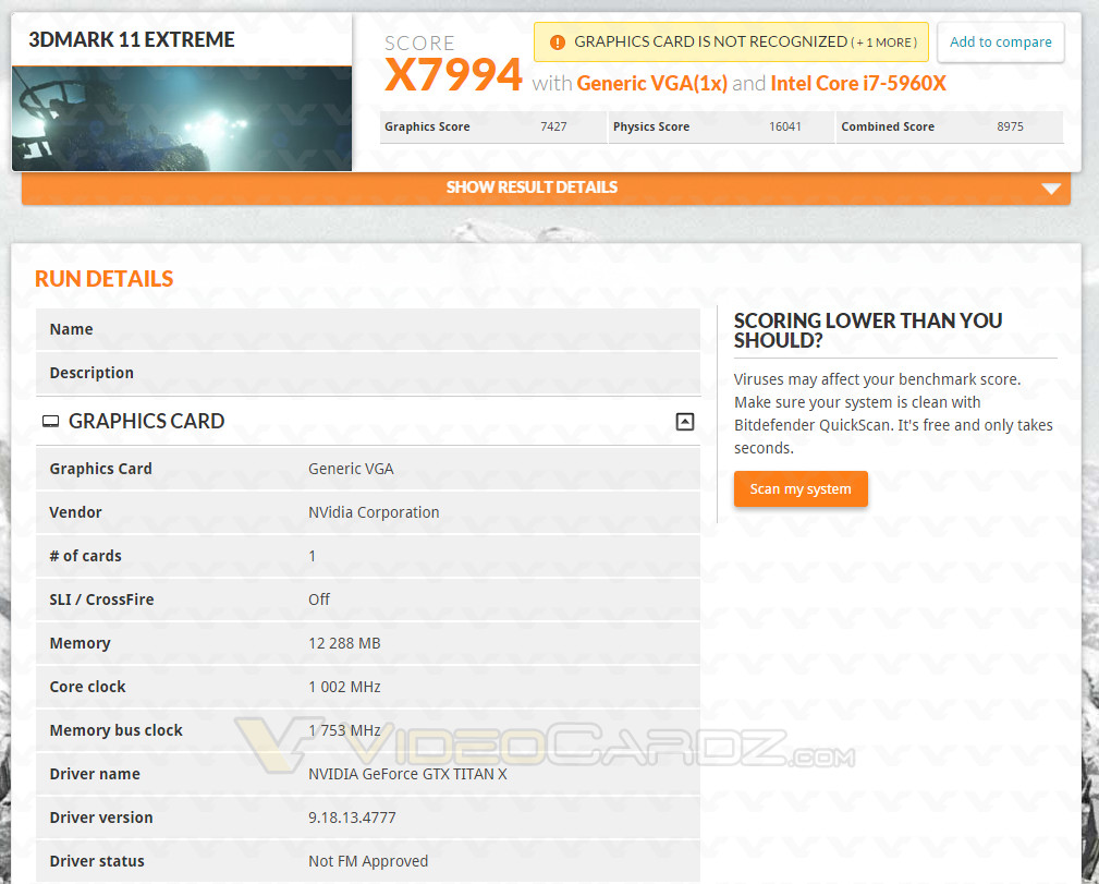 Media asset in full size related to 3dfxzone.it news item entitled as follows: Primi benchmark della GeForce GTX TITAN X anche in SLI 4-way | Image Name: news22311_GeForce-GTX TITAN-X-3DMark-11-benchmark_2.jpg